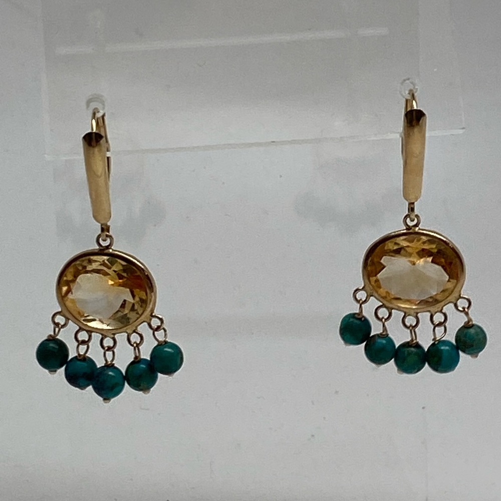 14K Yellow Gold Bezel Citrine and Turquoise Bead Dangle Leverback Earrings - Picture 14 of 15